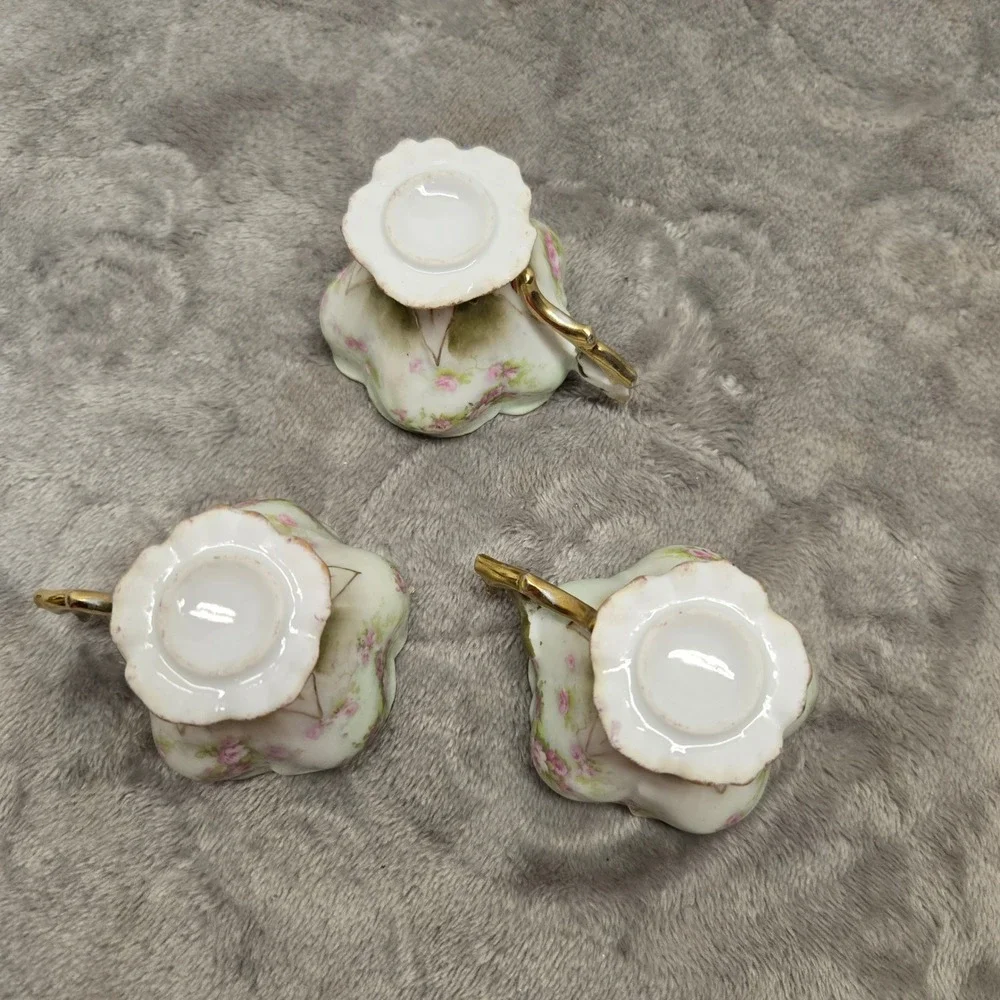 Vintage Miniature Porcelain Floral Teacups Set of 3 Gold Trim Bird Handle Rose
